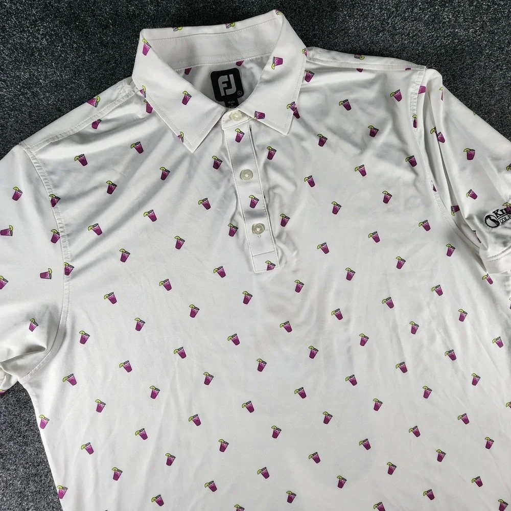 FootJoy Mens Large White Purple Cocktail Print Golf Polo Shirt Kiln Creek‎ Golf